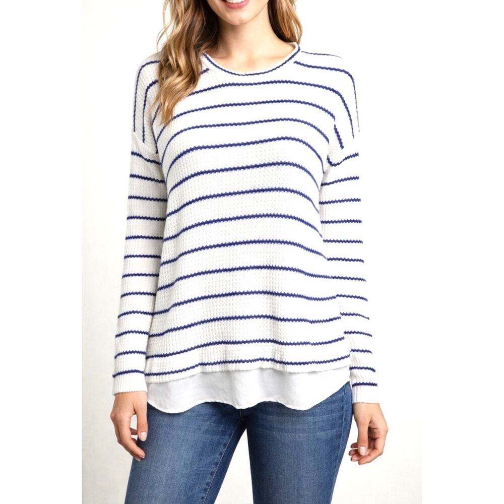 Anthropologie Stripped Women's Crewneck Sweater Whie/Blue Size Large
